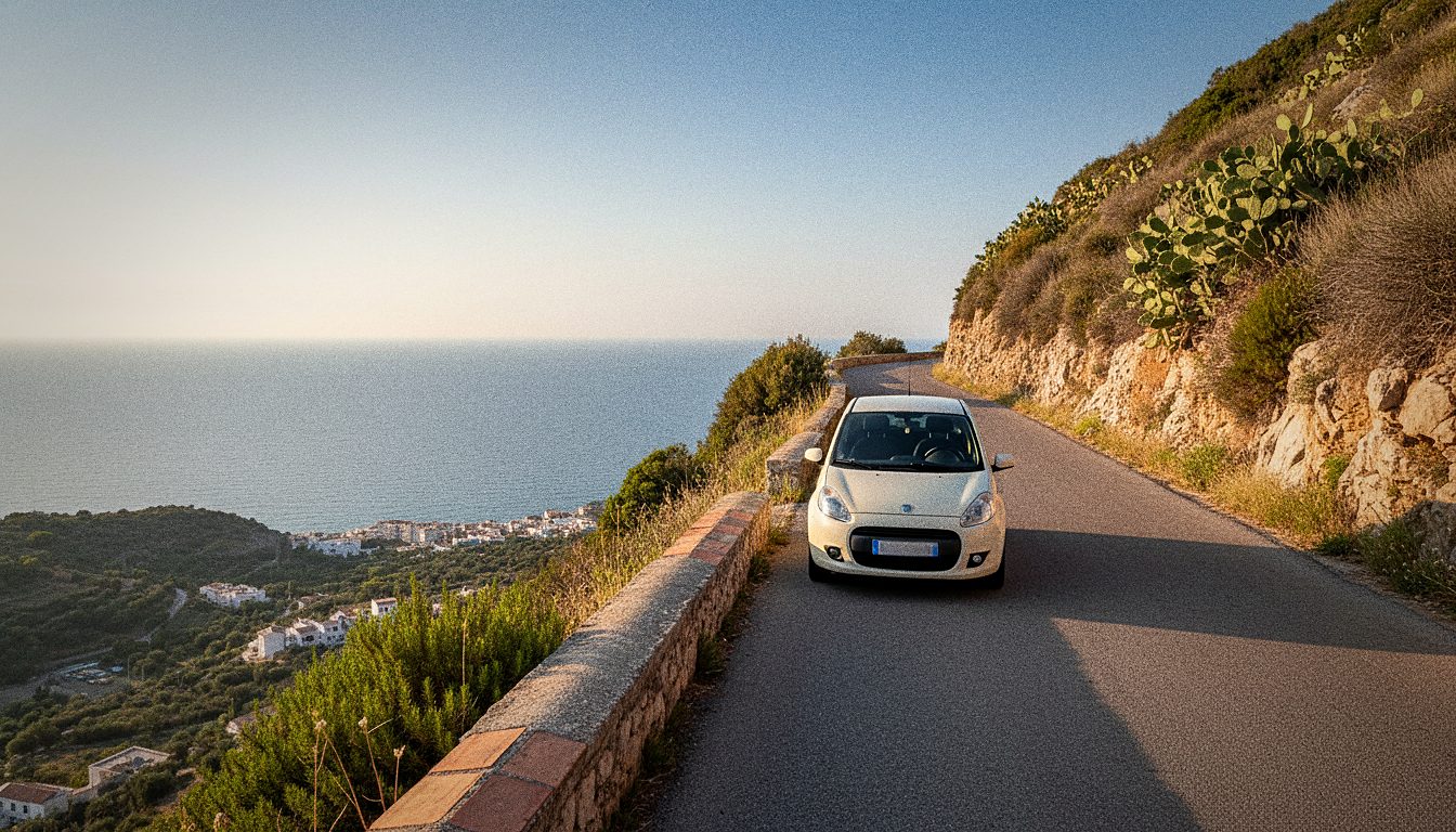 A small rental car parked on a narrow coastal road above the Mediterranean
