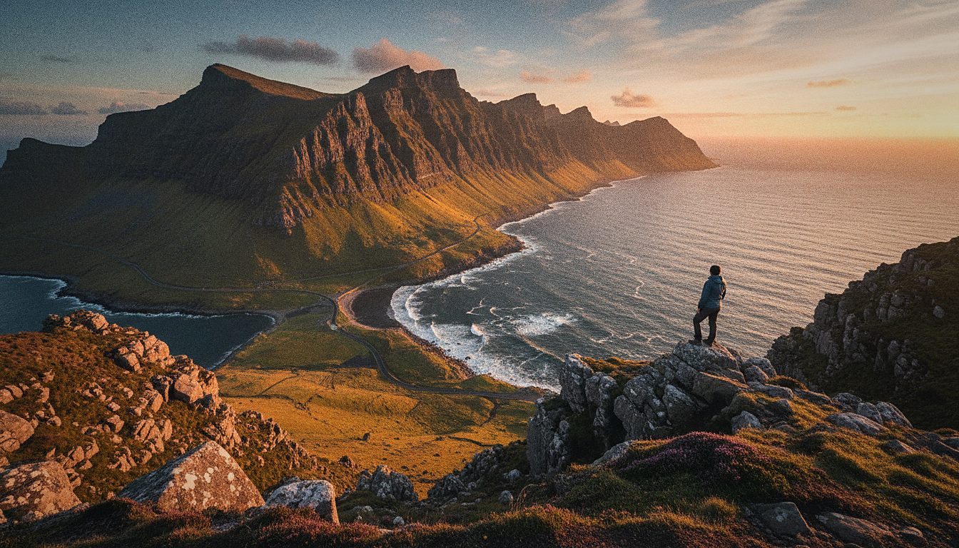 A lone traveller looking out from a scenic viewpoint over a dramatic landscape