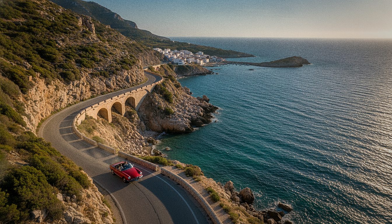 A car driving along a winding coastal road overlooking a turquoise sea