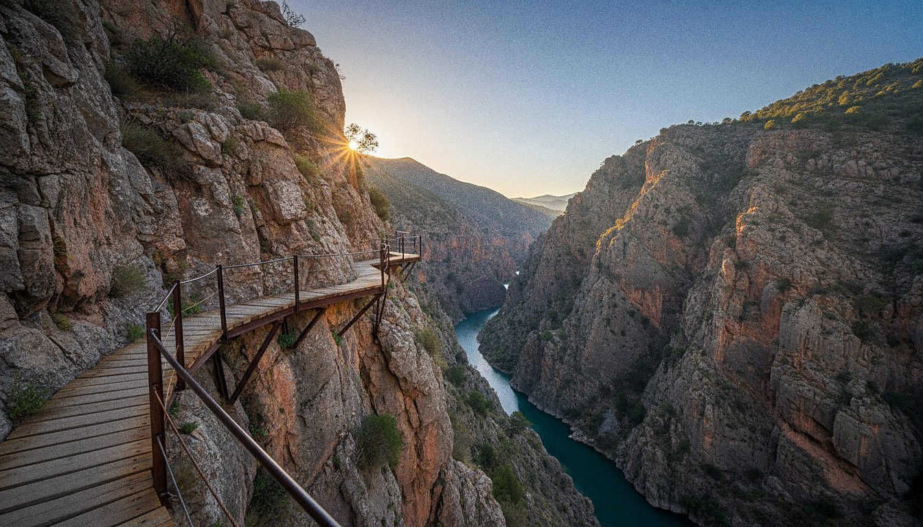 A narrow cliffside walkway bolted to the wall of a steep mountain gorge in Spain