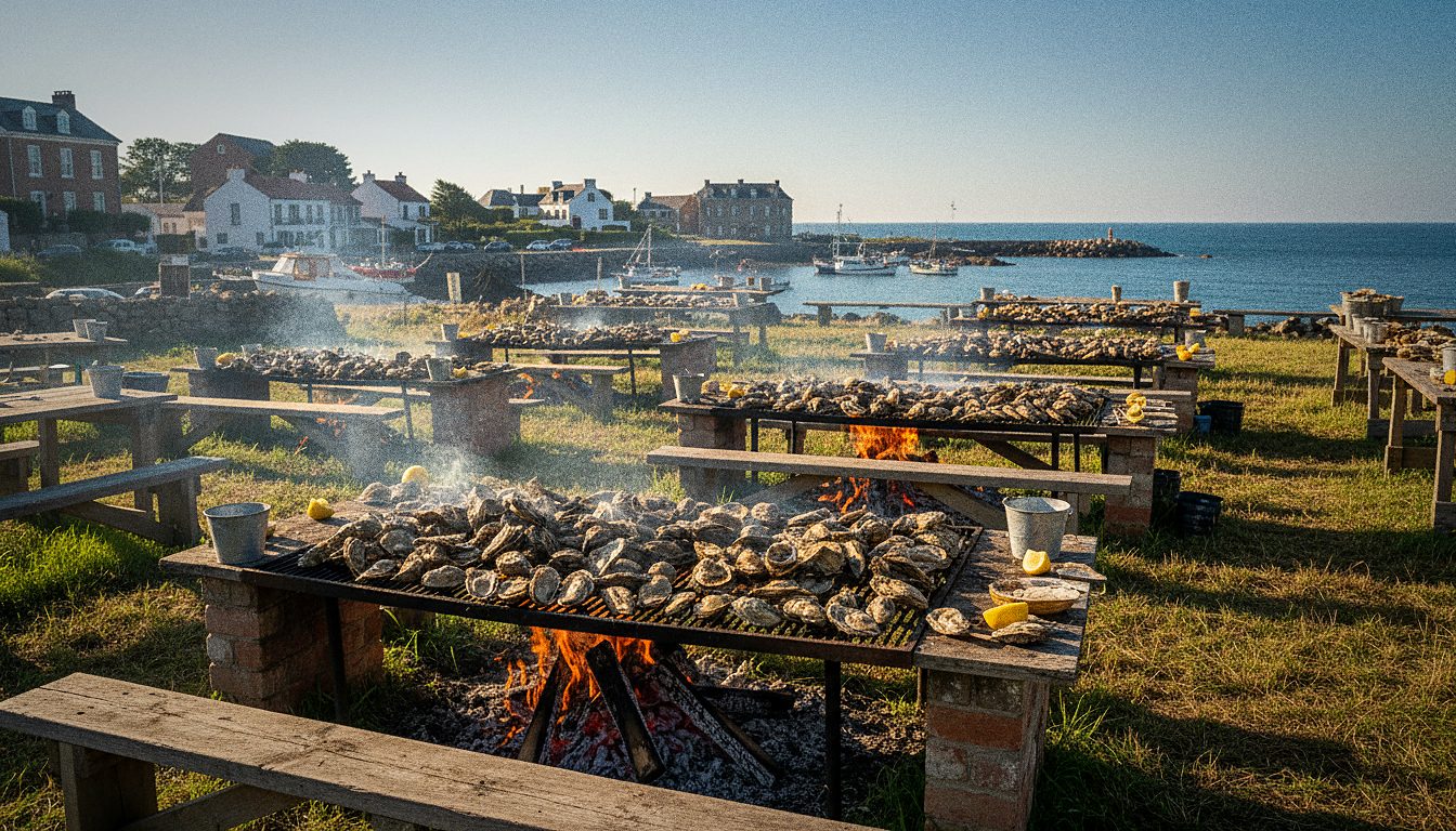 Oysters roasting over an open fire at an outdoor community festival